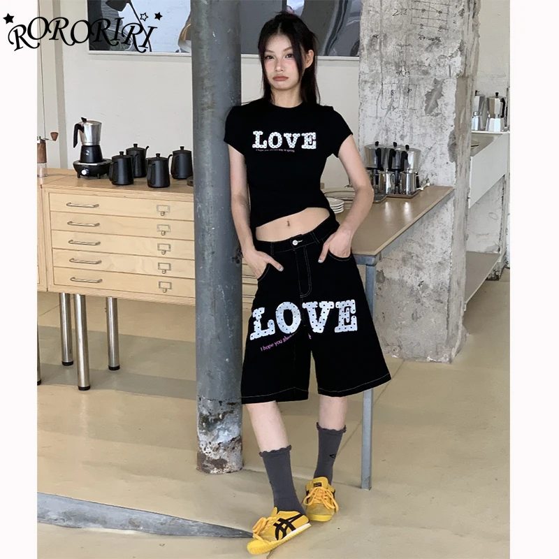 

RORORIRI LOVE Женские джинсы Короткие брюки на лето с буквенным принтом Большие джерсы Широкие прямые джинсовые шорты длиной выше колена