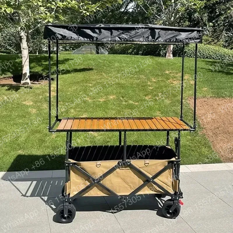 Folding Trolley Portable Food Stall Wagon Hawker Cart Foldable Utility Cart with Folding Table Mobile Shop with Sunshade Tent
