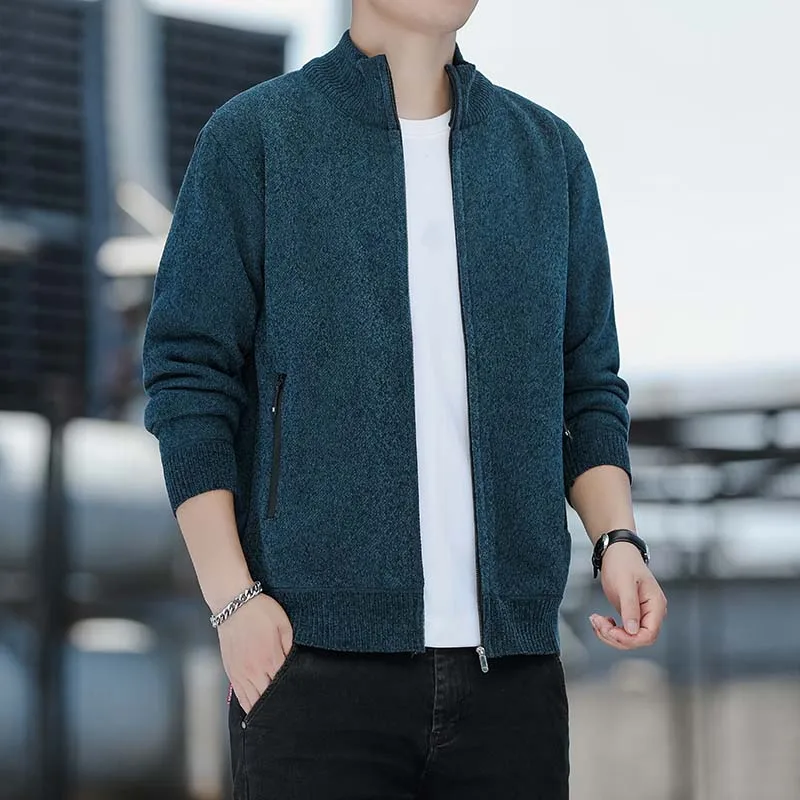 Men's Sweater Cardigan New Knit Jacket Solid Color Stand Collar Zipper Pocket Thickened Warm Thermal  Jumper Jackets Coat