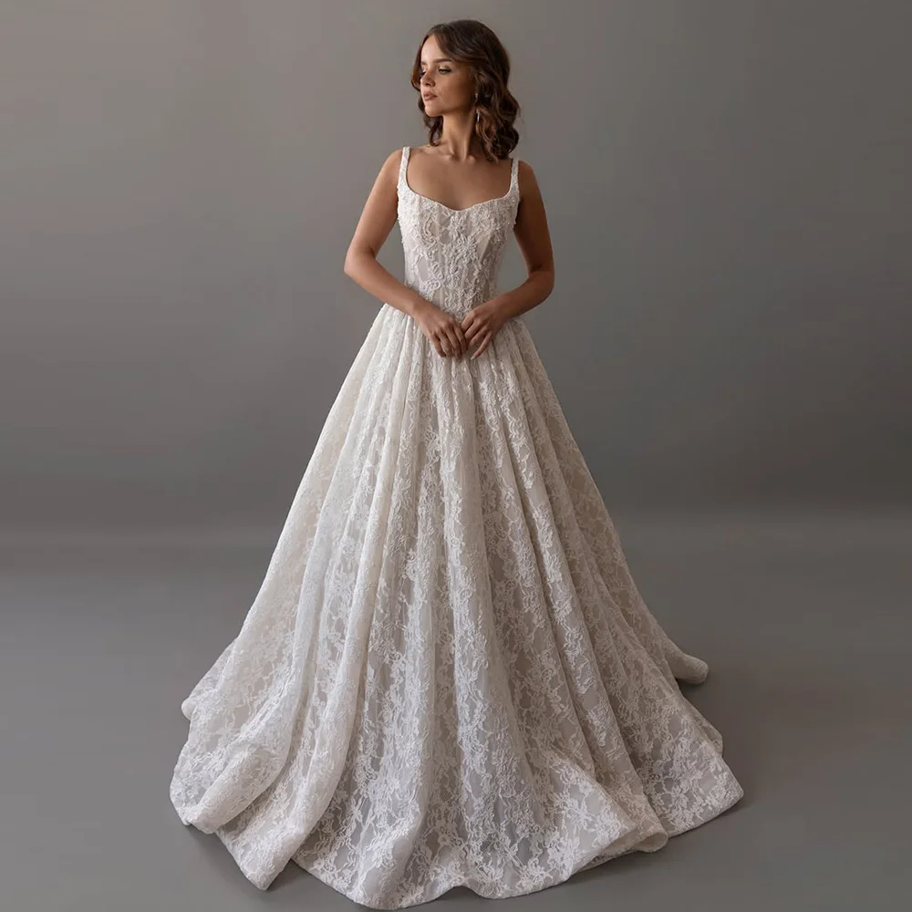

Exquisite Customized Appliques Tulle Bridal Gowns Elegant A-Line Vestido De Novia Elegant Scoop Spaghetti Straps Wedding Dress