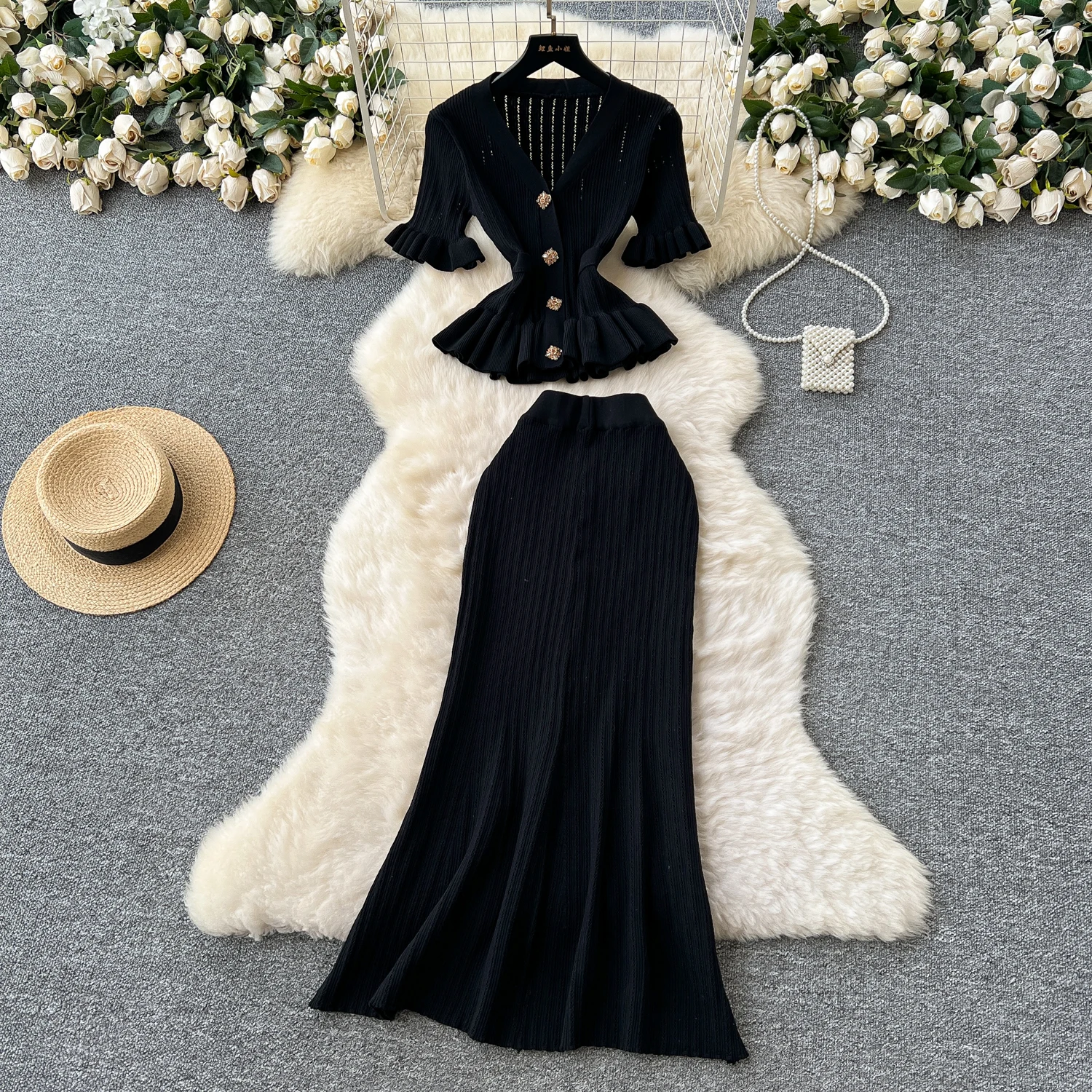 Elegant Knitted Skirt Sets Korean Fashion Ruffles Sweater and Midi Skirt Two Piece Set Women's Outfits Spring Summer Stylish