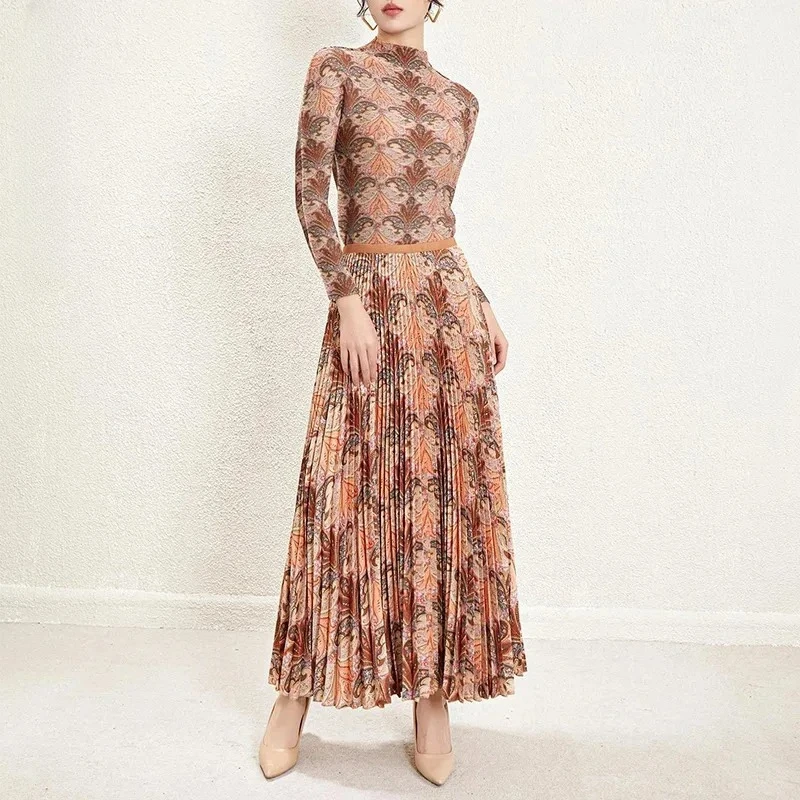

Miyake 2025 Summer New Solid Colour Geometric Print Pleated Women's Two-piece Stand-up Collar Elastic Slim Pullover and Skirt