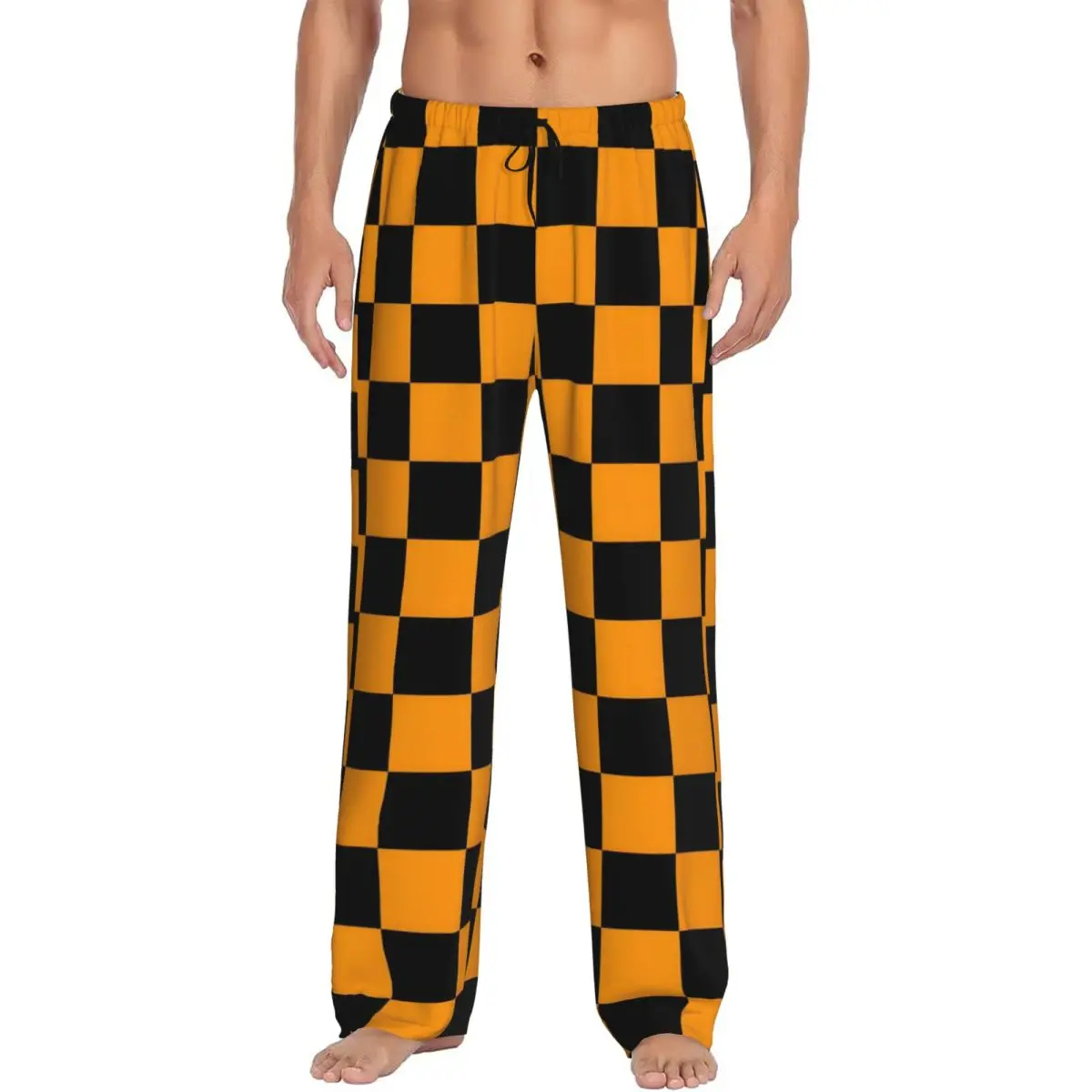 

Custom Checker Pajama Pants Men Orange And Black Sleepwear Lounge Sleep Bottoms Stretch with Pockets