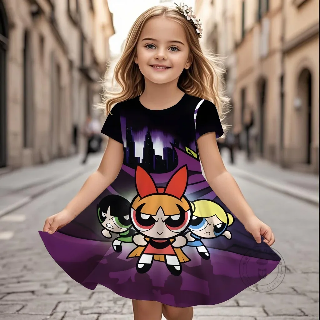 

Популярное платье Powerpuff для девочек в мультяшном стиле, летнее милое облегающее платье Kawaii с короткими рукавами и круглым вырезом с 3D принтом для детей 3-14 лет