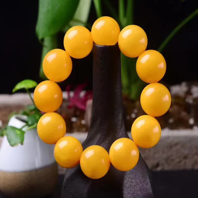Chicken oil single-loop with round Buddhist beads, yellow amber bracelet for men and women 4