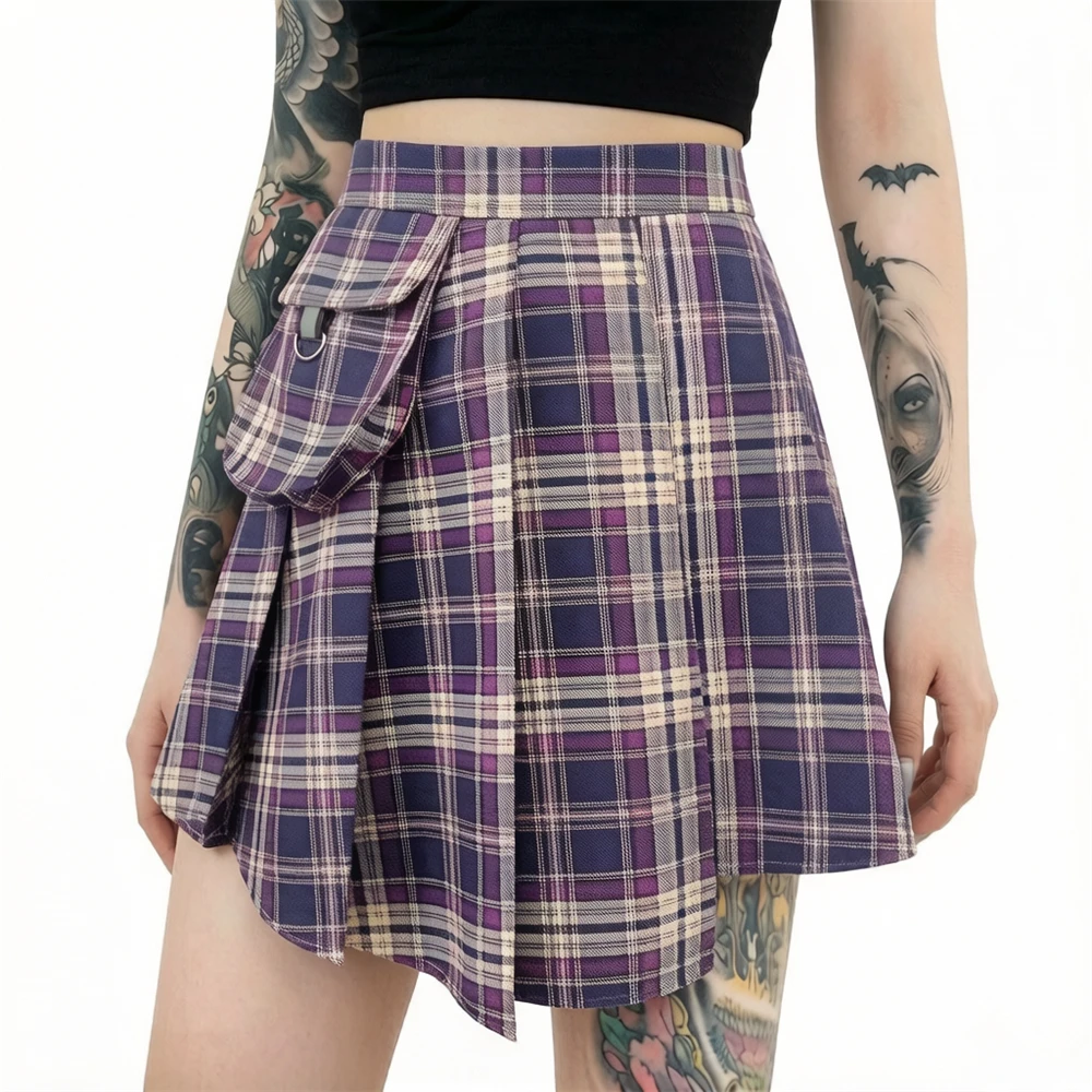 All Match Women Short Skirt Fashion Tartan Red Pleated Skirts Streatwear Plaid Side Button Skirt Womens Casual Mini Skirt