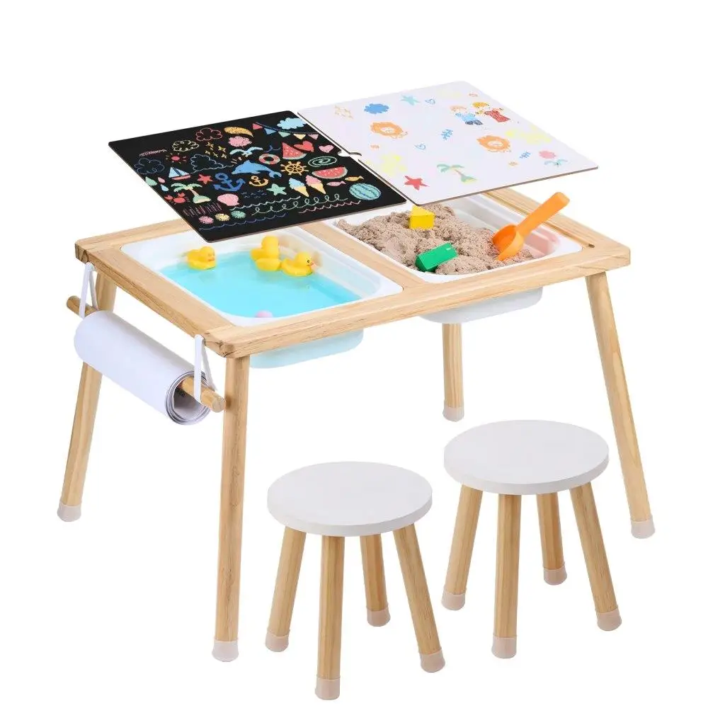 

Sensory Table Set for Toddlers Activity Table with 2 Stool 2 Storage Bins Paper Roll Holder Indoor & Outdoor Solid Wooden Kids