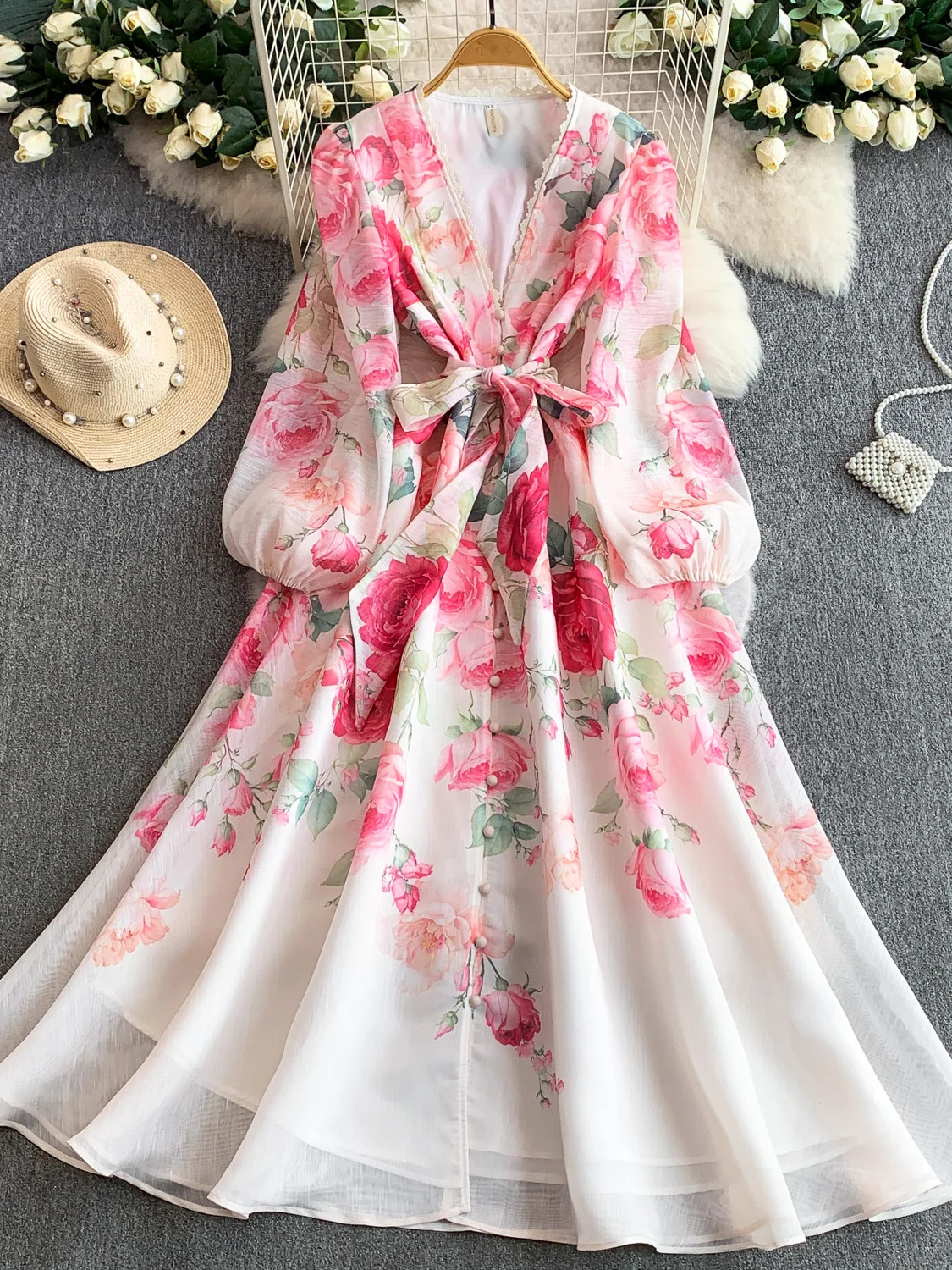 

Романтичное винтажное платье с принтом роз, кружевом и V-образным вырезом, женское, приталенное, стройнящее, А-силуэт, для офиса, весна-лето