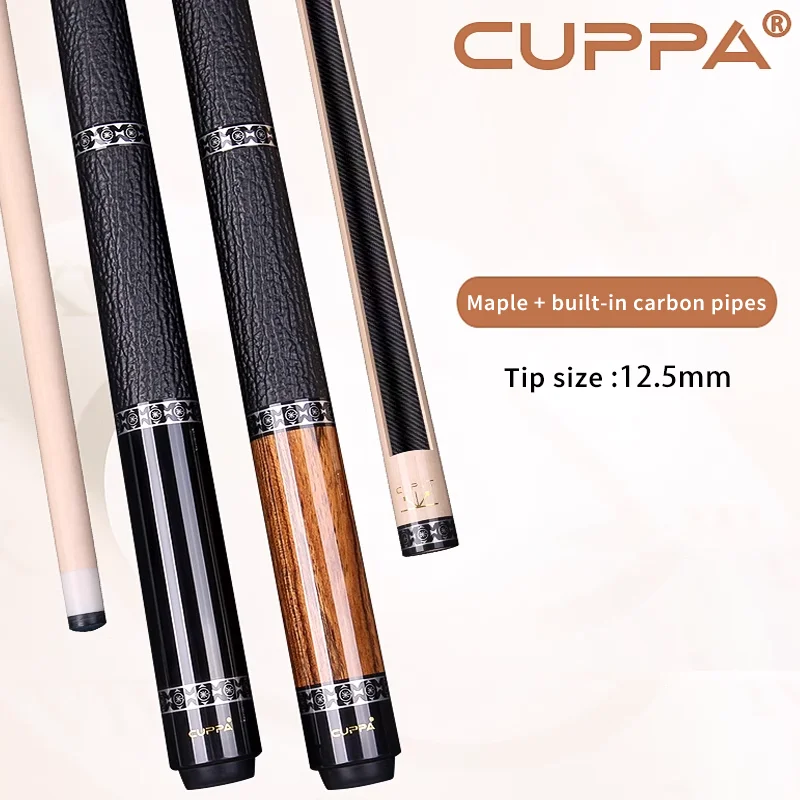 CUPPA Professional Taper Billiard Cue Pool Cues Stick Maple With Carbon Tube Leather Grip 1/2 Split Cues Tip Size 12.5mm