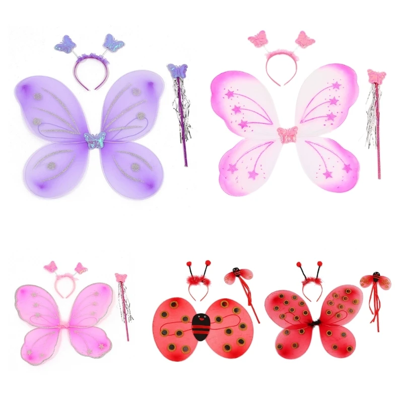 4 Stks/set Kid Fee Kostuum Set Ladybird Bee Glitter Leuke Wing Gestreepte Gelaagde Tutu Rok Wand Hoofdband Dress Up Halloween outfit