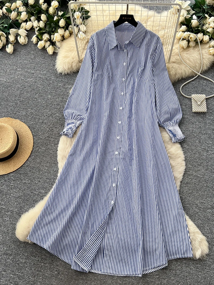 Korean Style A Line Shirt Dress - Slimming A-Line Striped Shirt Dress Long