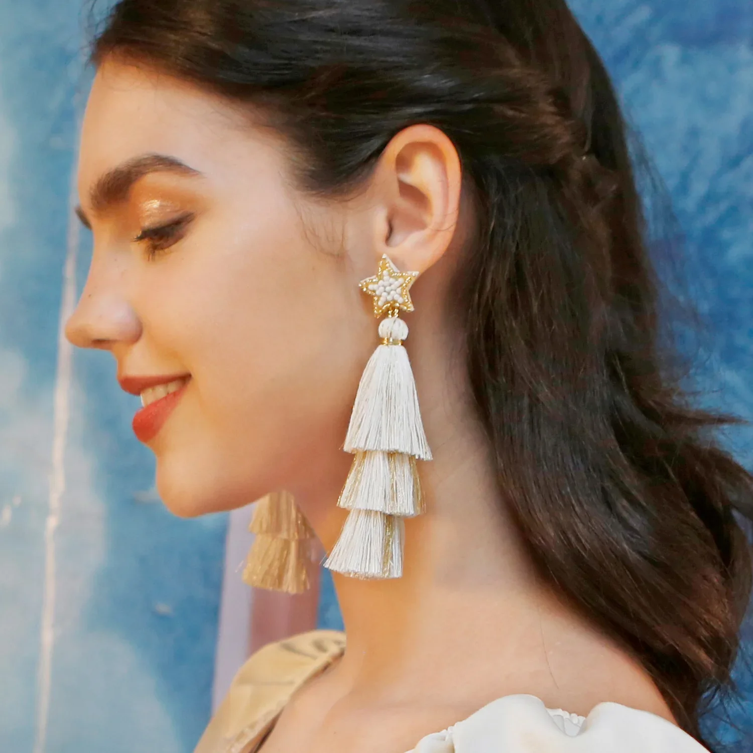 Beaded earrings Tassel Originality Multilayer Fashion Hand knitting Bohemia Alloy Geometry Star Rice bead earrings