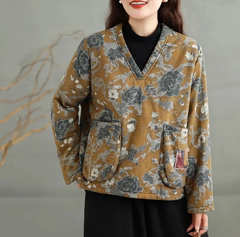 Vintage Quilted Jacket Women Cotton Linen Floral V-Neck Autumn And Winter Loose Versatile Reversible Pullover Top w1621
