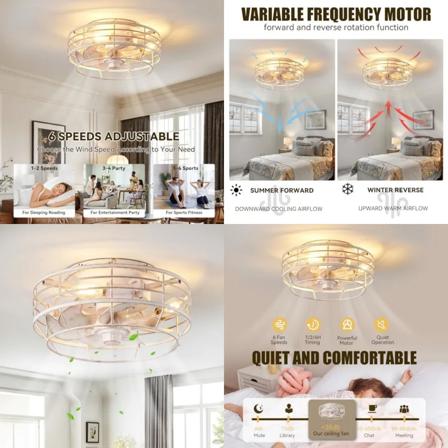 

Ceiling Fan with Light and Remote, Modern Flush Mount Fan Lights Cage Ceiling Fixture, Bladeless 12 in 6 Speeds Fans with Light