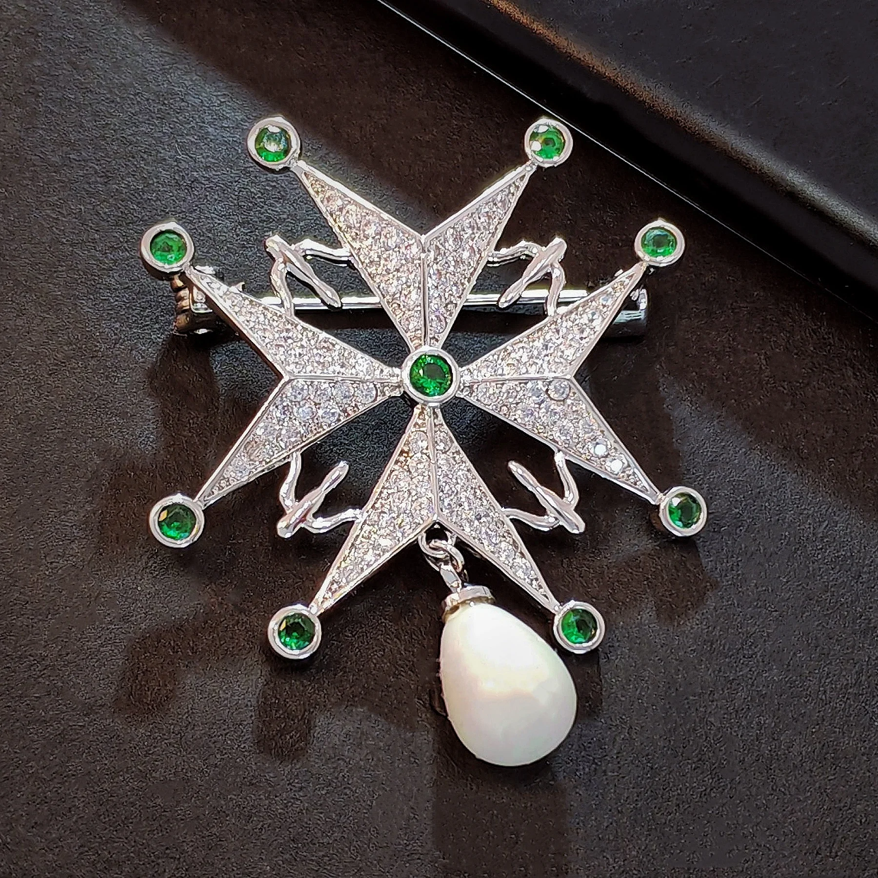 Religious Vintage Emerald Deco Clear White Maltese Cross Drop Brooch Pin Church Jewelry