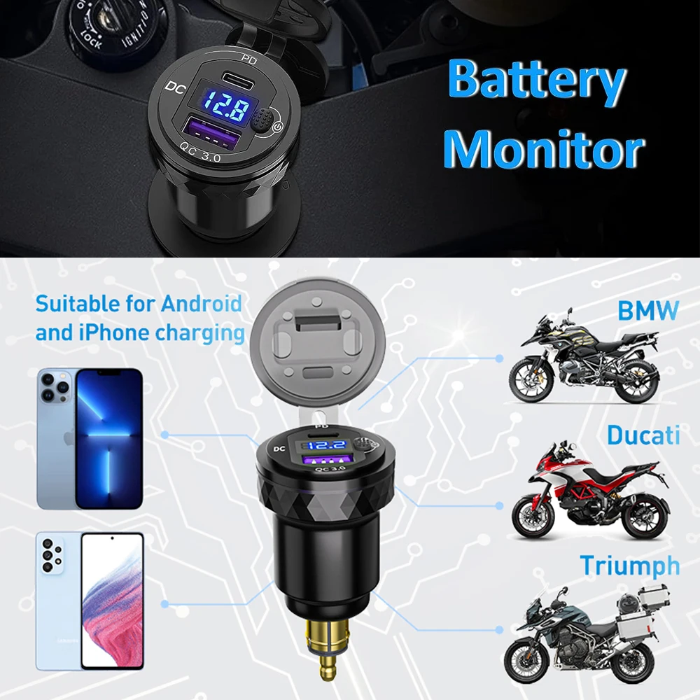 Dual QC3.0 Motocicleta Carregador USB, Moto USB Power Adapter, Interruptor para BMW R1200GS, Aventura, F800GS, Triumph Tiger, Ducati, DIN Soquete