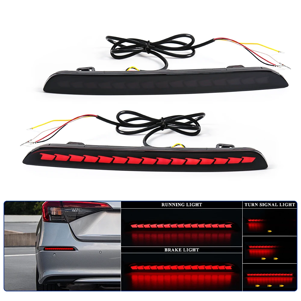 1 Pair For Honda Civic 2021 2022 Car Rear Bumper Reflector Multi-function Red LED Turn Singal Light Brake Lamp Accessories 12V