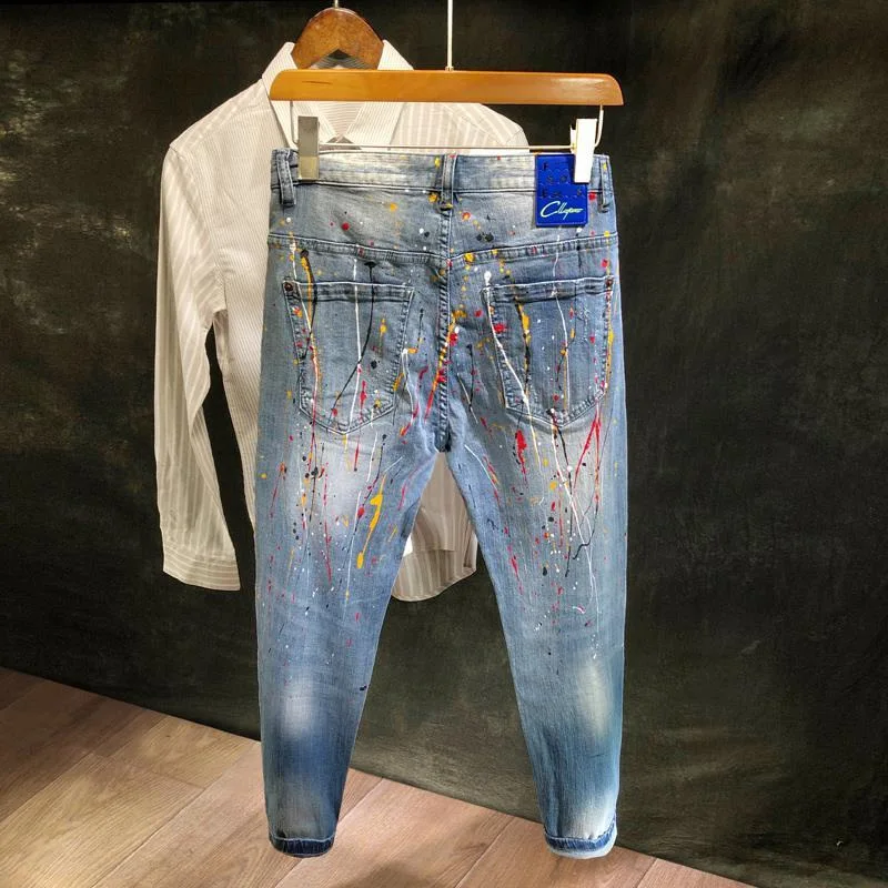 Autumn 2022 Light-colored Ink Jet Ankle Length Jeans Man's Fashion Brand Holes Slim Elastic Feet Splash Paint Korean Pants Men