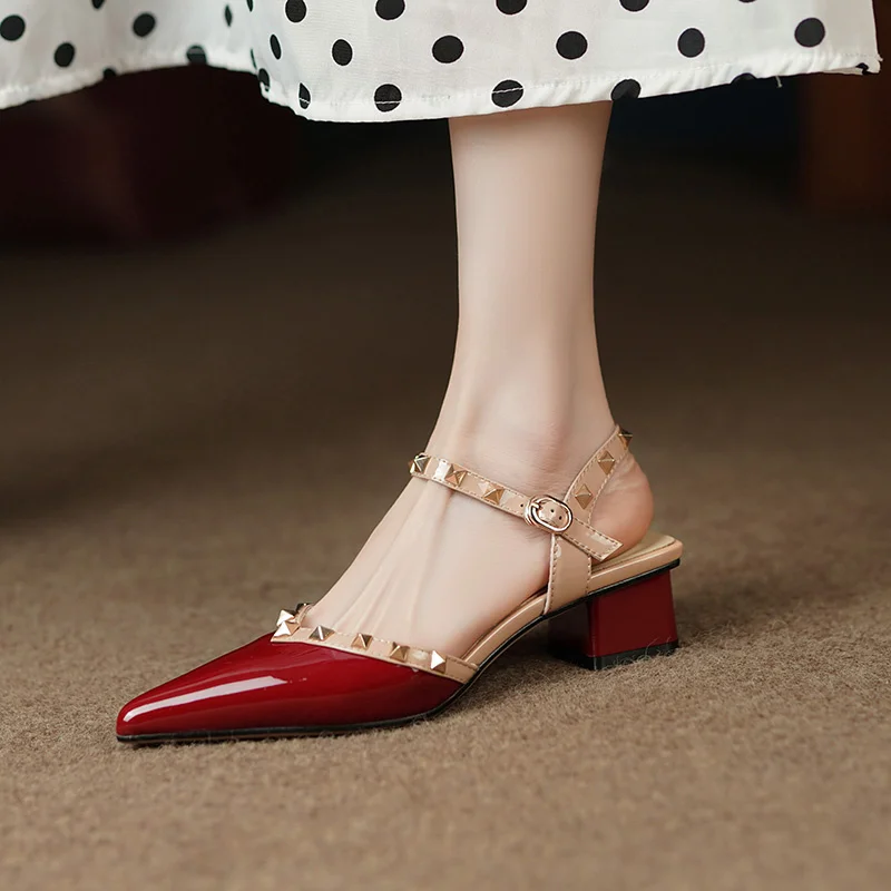 New Summer Fashionable Comfortable Elegant Casual Baotou Thick Heel Pointed Rivets Cowhide One-word Buckle Mid-heeled Shoes