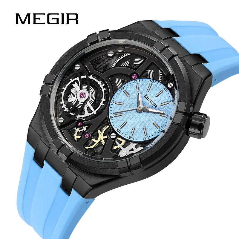 Megir 8111 relógio de quartzo masculino da moda, pulseira de silicone à prova d'água, mostrador de esqueleto criativo, relógios esportivos casuais luminosos para homens