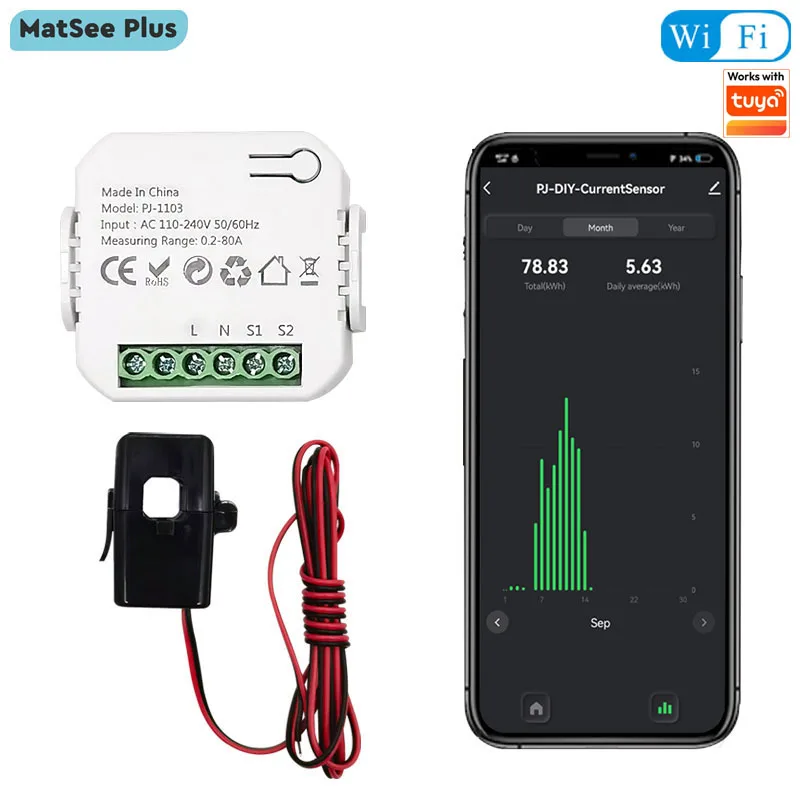 Smart WiFi Digital Energy Monitor 80A with Current Transformer Sensor CT App Monitor Power Consumption 110V 240V Work with Tuya