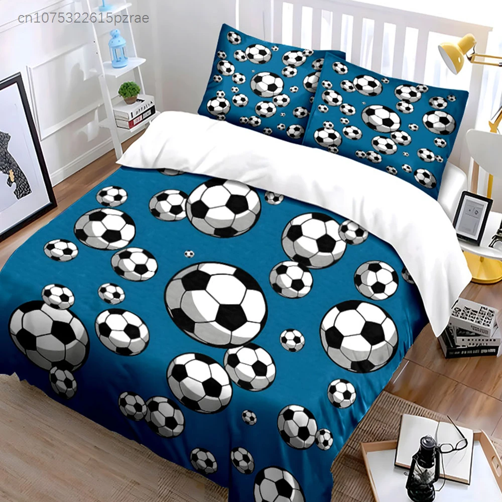 Cartoon Soccer Ball On Blue Background 3PCS Bedding Set Soft Bedding Set For Football Fans & Kids Bedroom