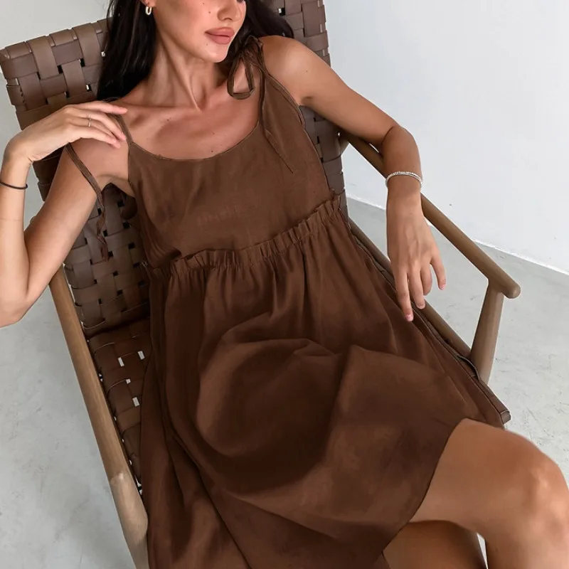 Brown Black Khaki Cotton Linen Short Halter Dress Women 2024 Summer Spaghetti Straps Holiday Loose Casual A Line Pleated Dresses