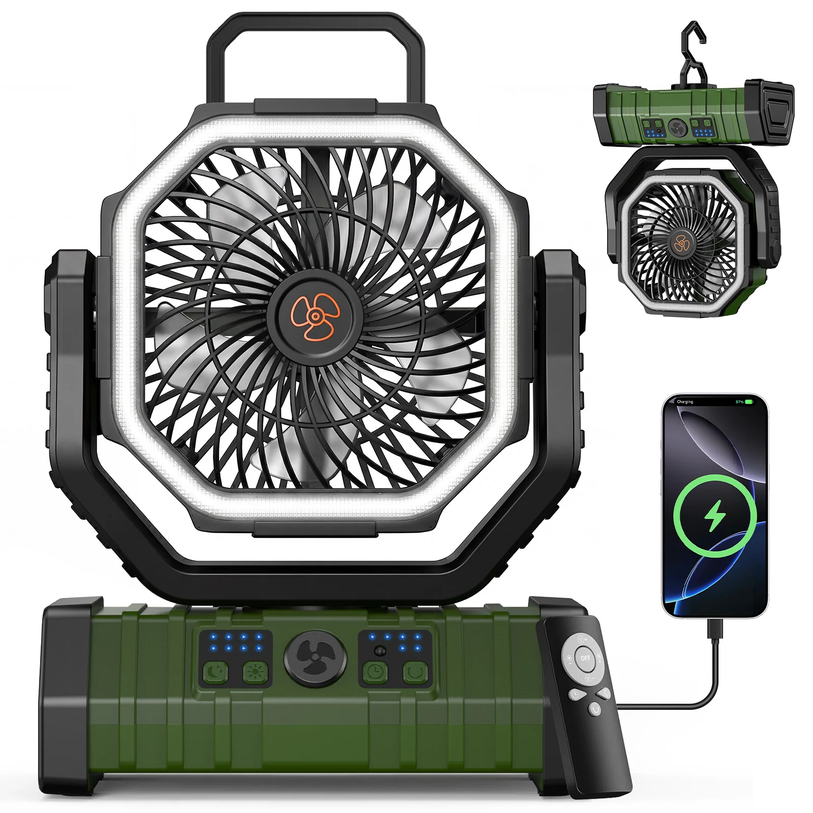 

Camping Fan with LED Light, 20000mAh Battery Operated Rechargeable Camping Misting Fan with Hanging Hook, Outdoor Tent Cooling M