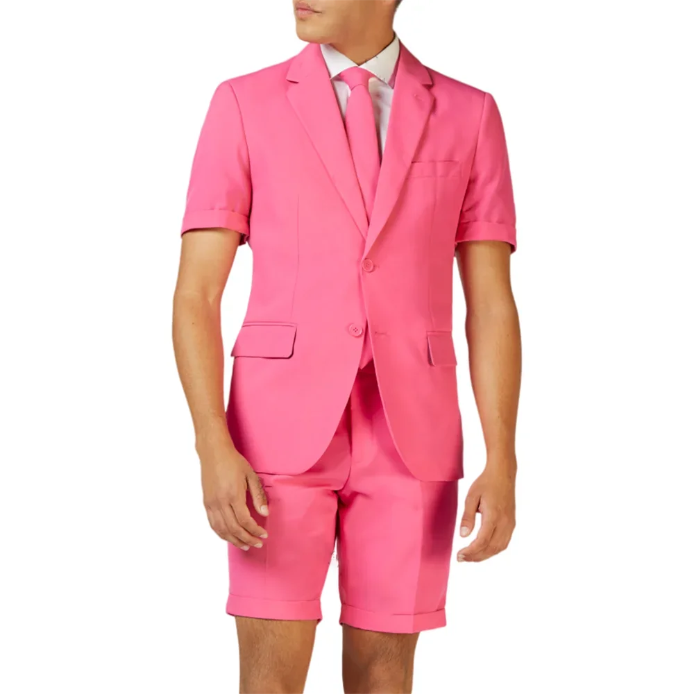 New Pink Men Suits Single Breasted and Notch Lapel Male Suits Smart Casual Formal 2 Piece Short-sleeved Blazer and Shorts