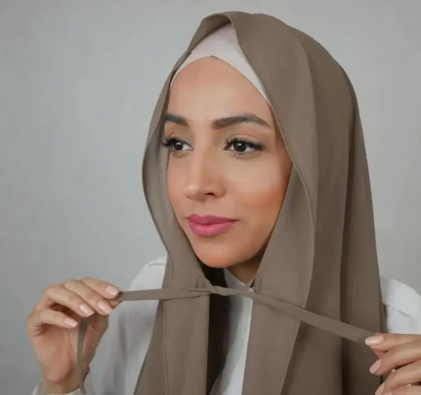 Plain Bubble Chiffon Hijabs Instant Hijab Scarf with Rope Convenient Women Hijabs Wrap Islam Muslim Shawls Scarves Hoofddoek