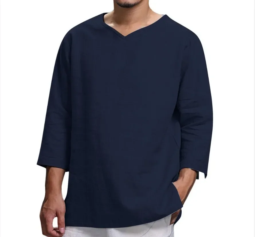 2024 Europe and The United States Men's New Cotton and Linen Long Sleeve T Male V-neck Loose Leisure Holiday Shirt