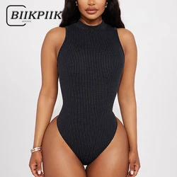 BIIKPIIK Basic Solid Sleeveless Women Bodysuits Casual Concise Stand Collar All-match Knitted Rompers Sexy Skinny Bodysuits 2024