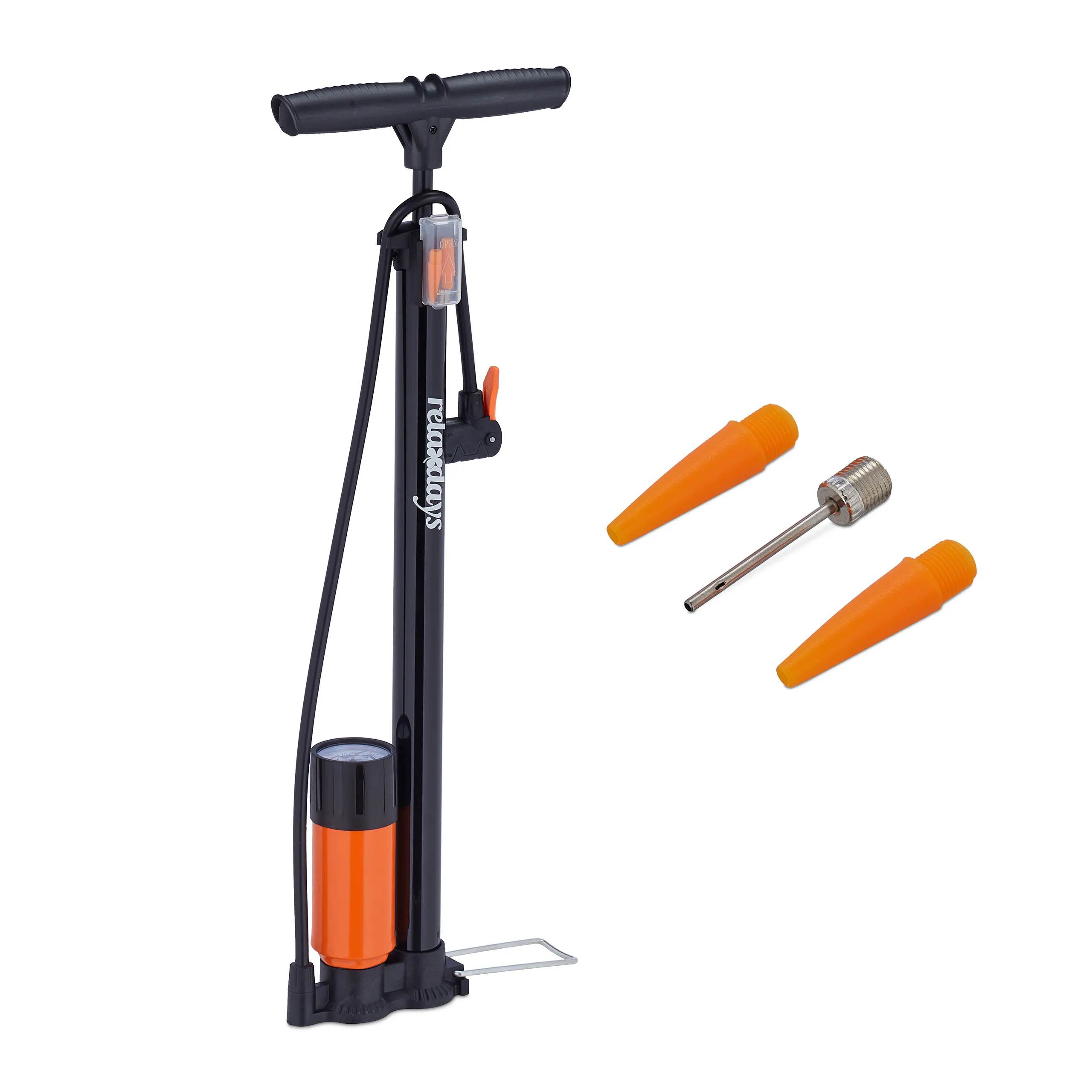 Pompa da Terra con Manometro, per Pneumatici di Biciclette e Palloni, Doppia Testa di Pompa, 3 Accessori, Acciaio e Plastica, Nero-Arancione, Pompa per Biciclette, Relaxdays