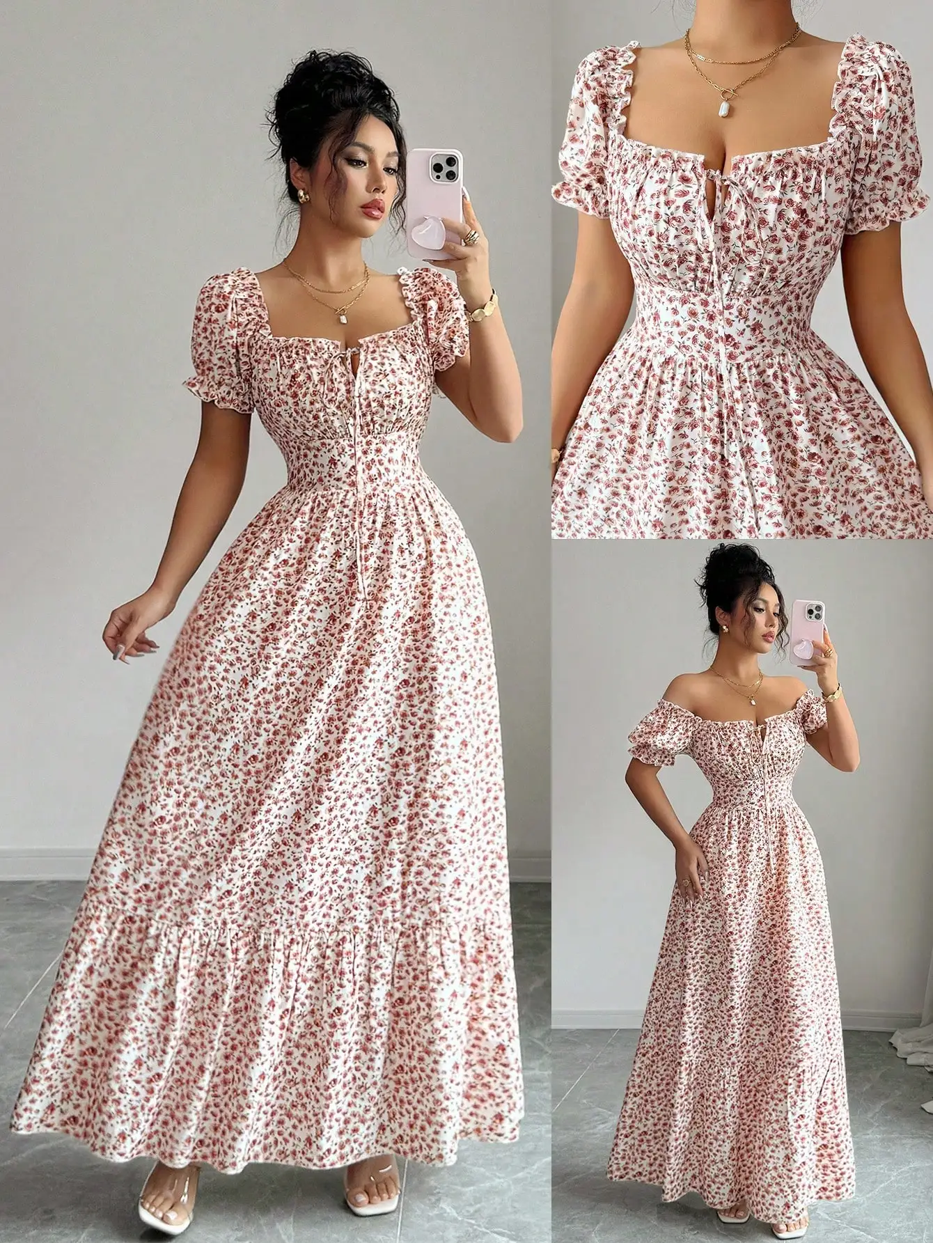 

Платье макси с цветочным принтом, квадратным вырезом, пышными рукавами, завязкой спереди и драпировкой на талии