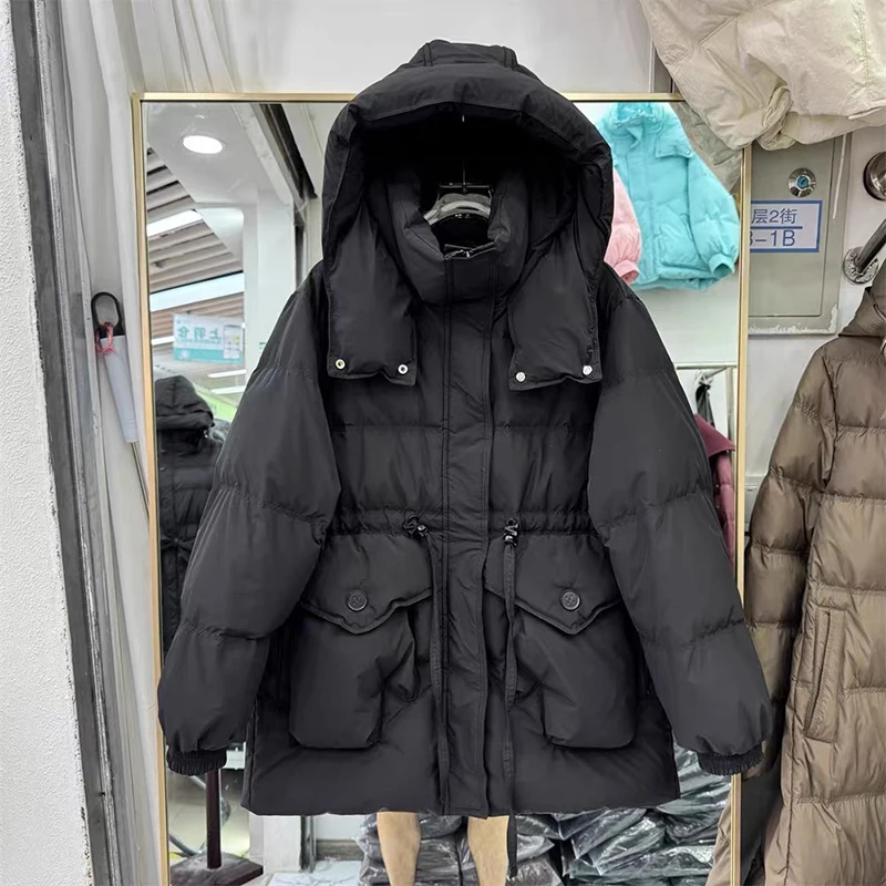 Jaket Musim Dingin Tebal Berkerudung Panjang Sedang Wanita Jaket Bulu Angsa Putih Resleting Parker Jaket Bulu Wanita Tali Serut Pinggang Pakaian Luar Hangat