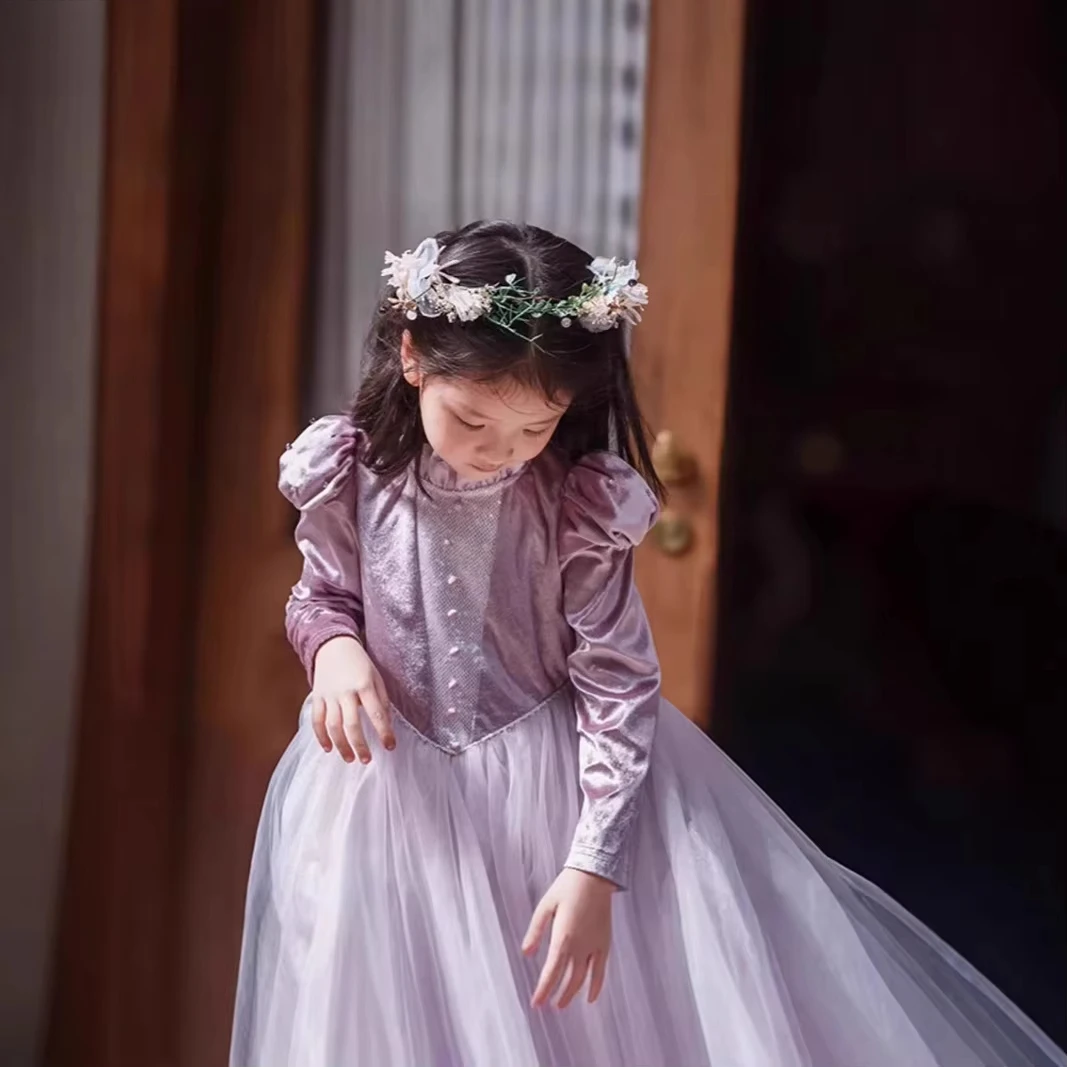 

Elegant Princess Dress Girls Purple Long Sleeve Gown Vintage for Toddler Girl Birthday Dresses for Kids Party Outfit Clothing