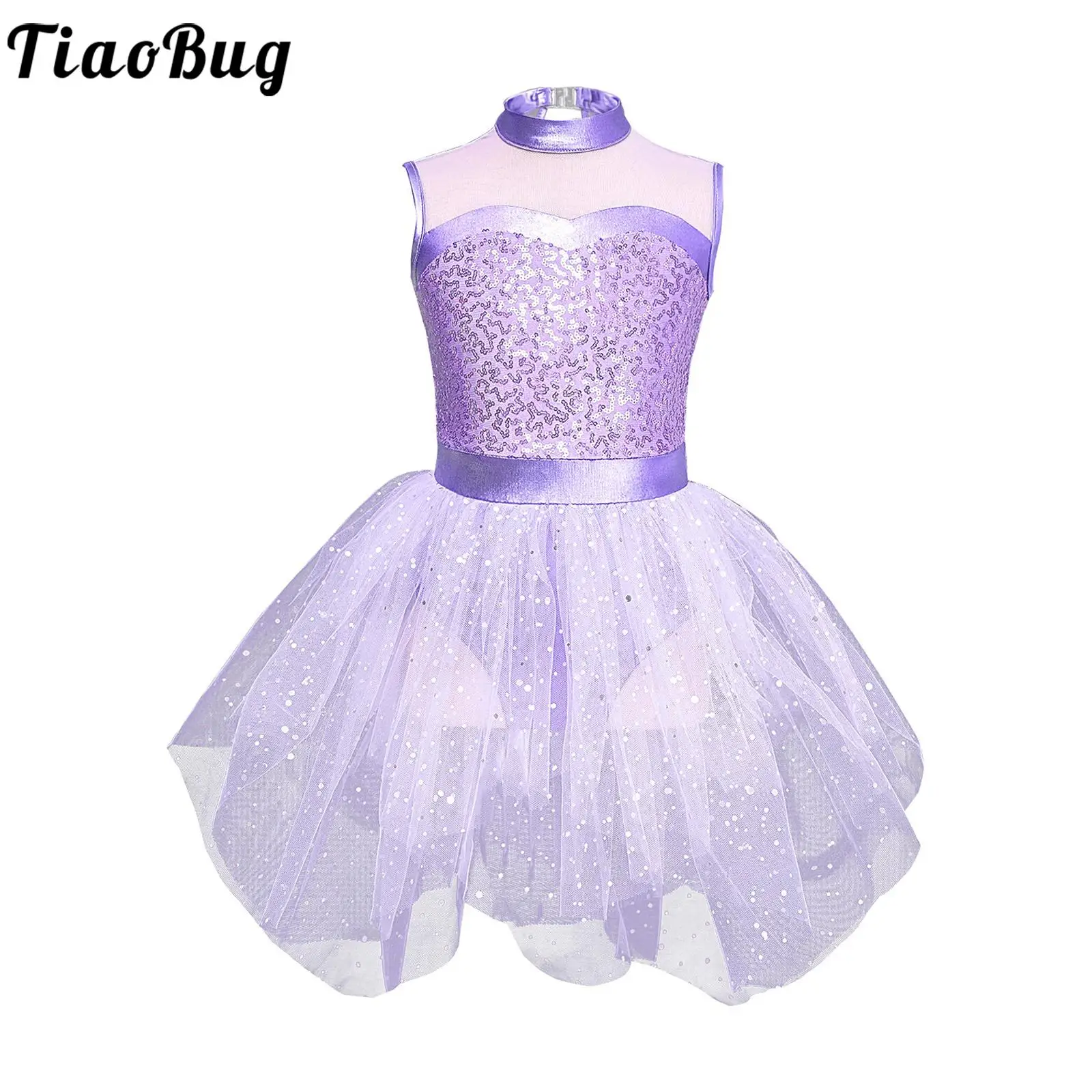 

Kids Girls Figure Skating Dance Dress Sleeveless Sequin Tulle Tutu Leotard Ballet Gymnastics Dancewear Party Performance Costume