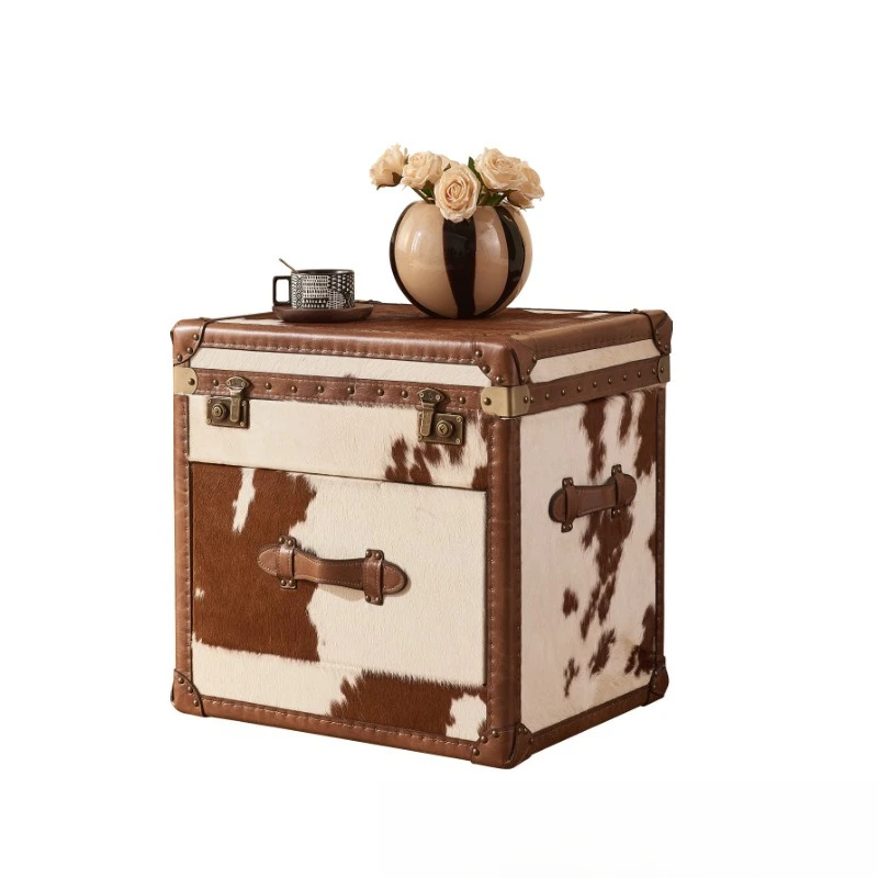 American retro milk cowhide denim luggage, locker, living room bedside table, leather case, coffee table, genuine leather