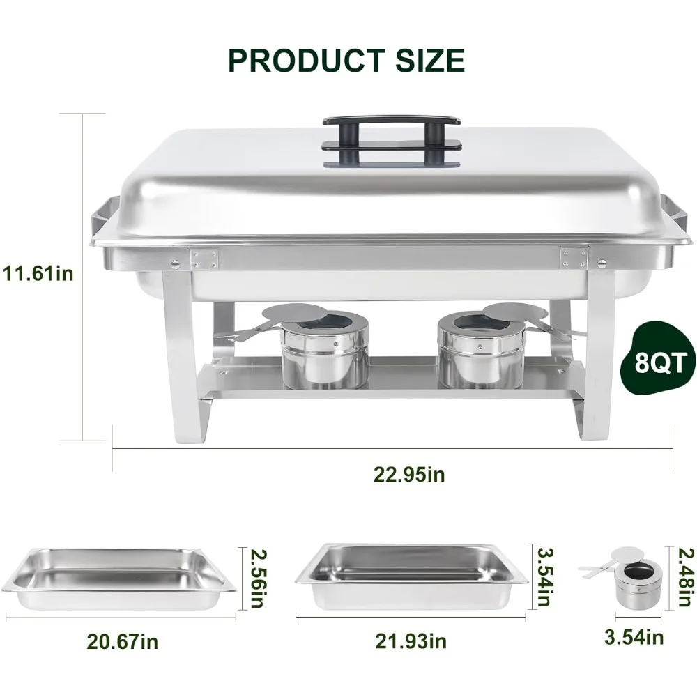 6 Pack Chafing Dish Buffet Set, 8QT Stainless Steel Rectangular Chafers and Buffet Warmer Sets for Catering, with Food & Water P