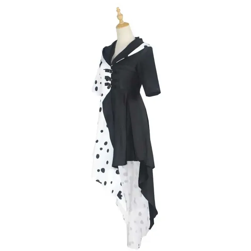 Ragazze donne male signora Cruella De Vil Costume Cosplay abito nero bianco cameriera vestito guanti parrucca Halloween Party Fancy Dress