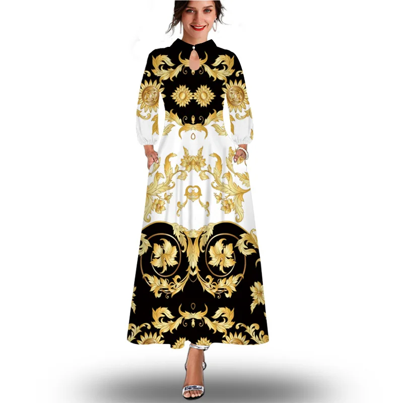 

European and American women's summer long-sleeved printed dresses lady elegant round neck waist and pockets large swing dress