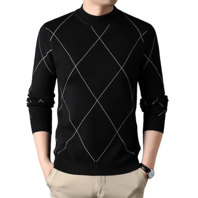 Men\'s Pullover Diamond Jacquard Medium Thick Knitted Sweater Men\'s Solid Color Comfortable Casual Sweater