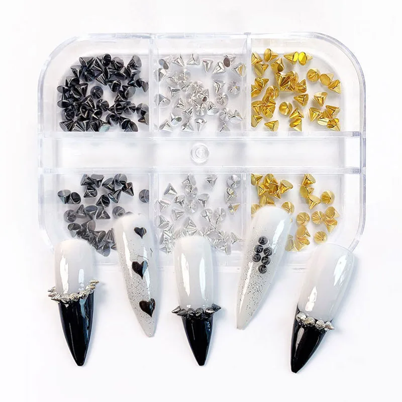 6 شبكة Y2K مخروط المسامير ترصيع المعادن مسمار سحر مختلط حجم الذهب/الفضة/أسود الشرير سبائك المسامير الراين ثلاثية الأبعاد مسمار الفن الديكور