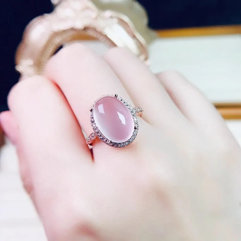 585 cincin transparan kalsedon bulat merah muda alami ungu untuk wanita perhiasan emas mawar 14K berlapis manis mewah cahaya