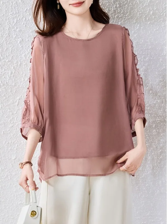 

Ele Chiffon irt f Sve Cover Belly Women's Summer Faion plus Size Loose Fit round Ne Pure Color Top for Mom