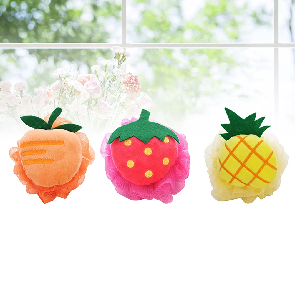 3pcs Fruit Shaped Bath Ball Cartoon Sponge Shower Mesh Ball for Women Men Kids (Strawberry, Pineapple, Mango for Each 1pc)