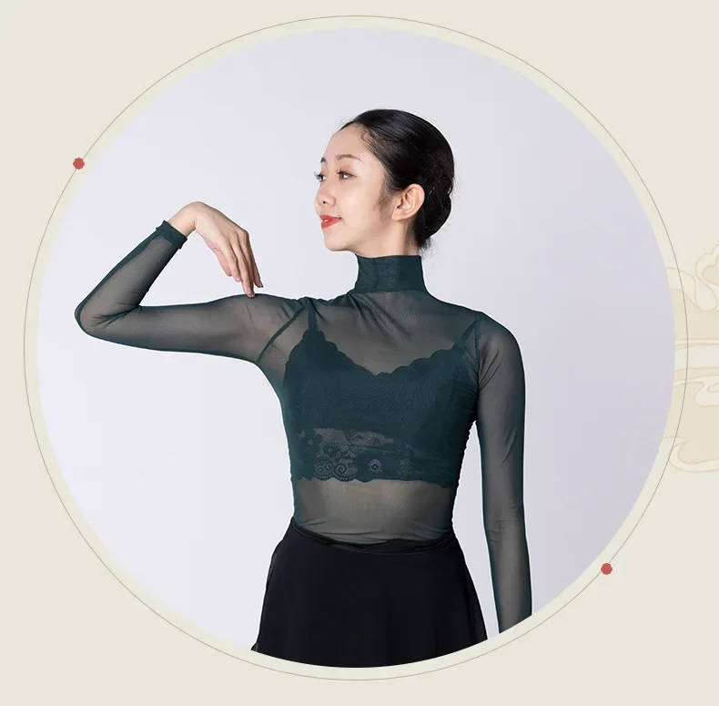 Ballet Leotards For Women High Collar Mesh Transparent Long Sleeve Dance Training Clothes Belly Dance Swimwear Bodysuit Top