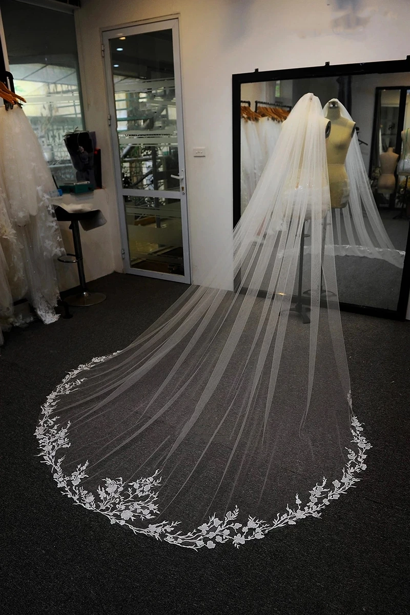 Velo de novia de encaje elegante, 3 metros de largo, una capa, blanco marfil, accesorios de boda con peine