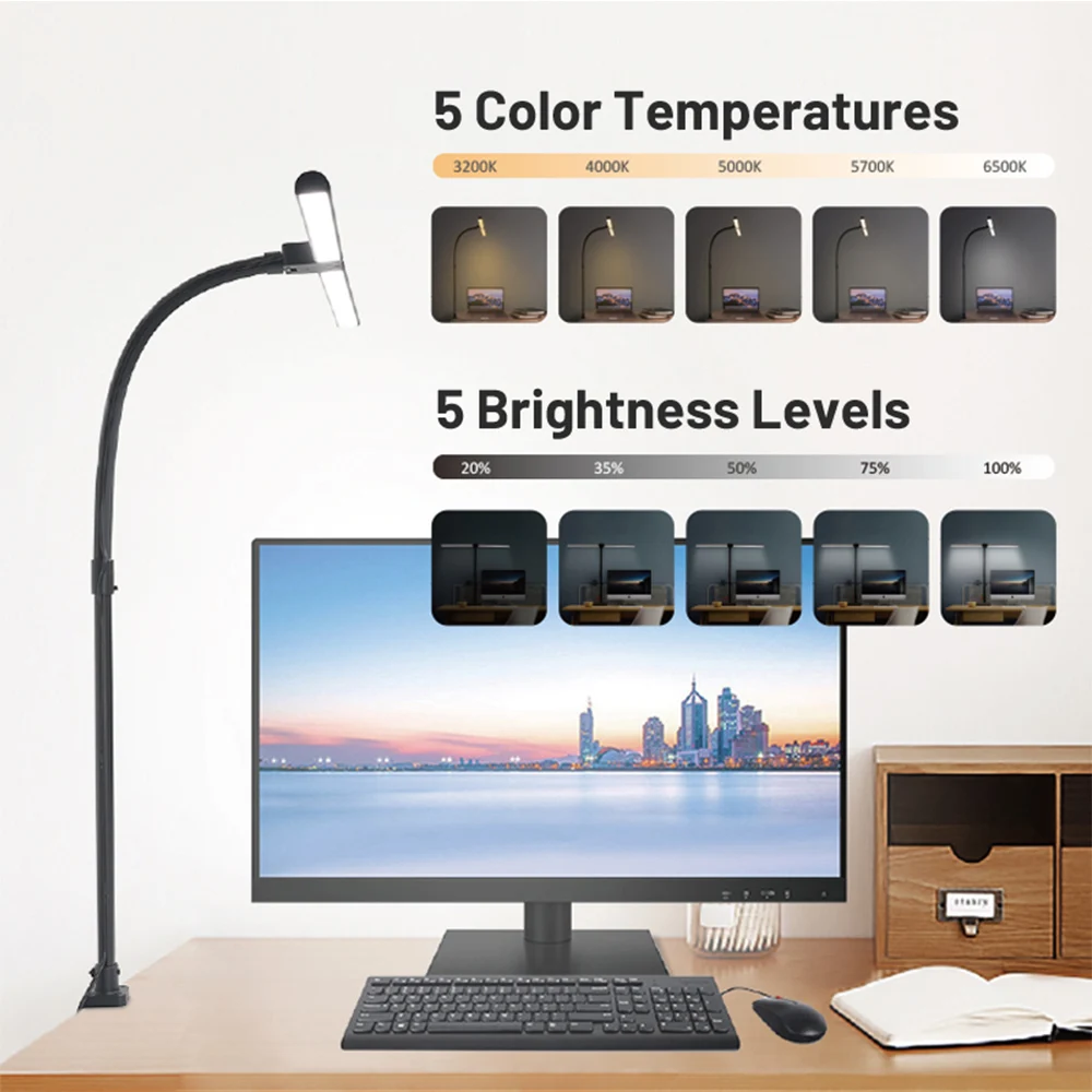 24W Double Head LED Clip Desk Lamp Remote Control Dimmable Architect Table Lamp 5 Brightness Level 5 Lighting Modes EU/US/UK