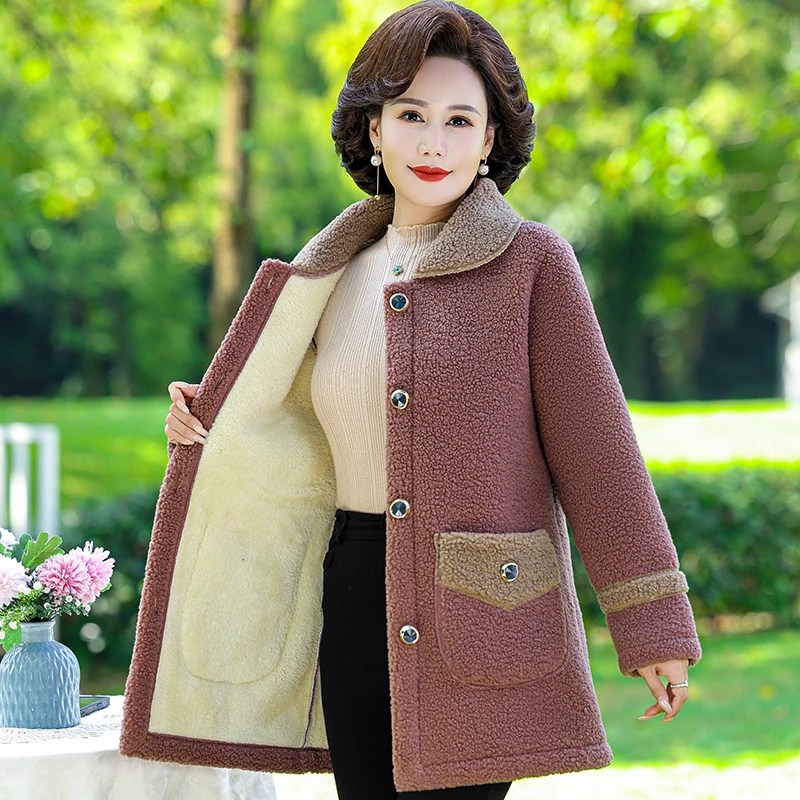 Autumn Winter Women Jacket Thick Fleece Warm Coat Ladies Lamb Fur Coat Mid-Long Loose Mother Dress Female Jacket